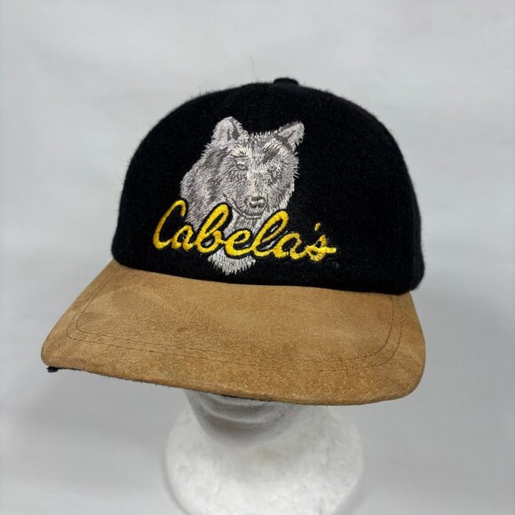 VTG Cabela's Black Wool Suede Bill Wolf Coyote Embroidered Cap Hat Made in USA - Picture 1 of 11